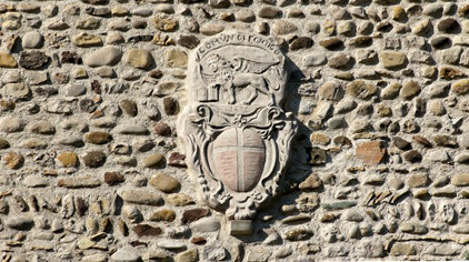 Stone coat of arms reproduced from a vintage print by the artist